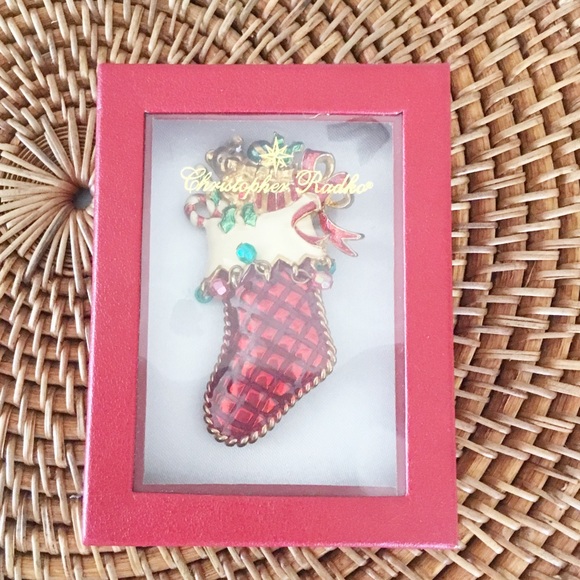 Christopher Radko Pin Christmas Toy Presents Stocking Enamel Red Signed Brooch - Picture 2 of 4